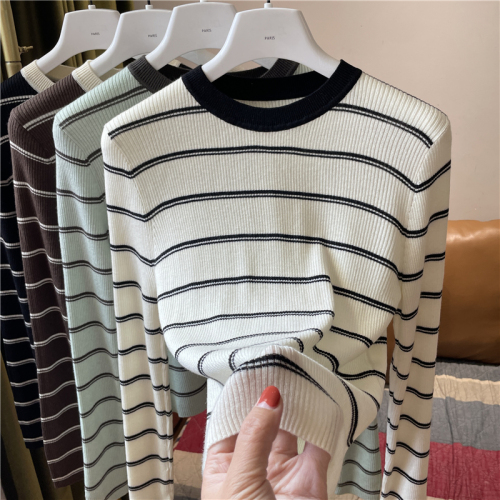 Contrast color wool sweater for women Korean style round neck pullover color block striped long sleeve slim fit bottoming shirt