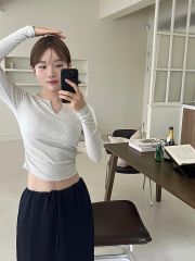 Official Image: 40-Count Cotton Ribbed Fabric—92% Cotton, 8% Spandex—Short-Length Base Layer Autumn Top for Women, Slimming & Figure-Sculpting Long-Sleeve T-Shirt