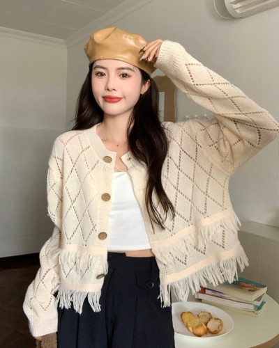 Actual shot of gentle style sweater jacket with niche design, tassel knitted hollow layered cardigan, short style
