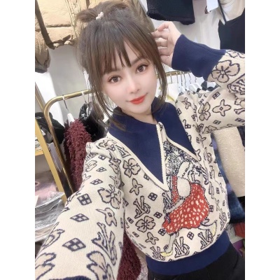 歐貨印花燙鑽毛衫女長袖2023冬季新款時尚氣質百搭打底衫大領毛衣