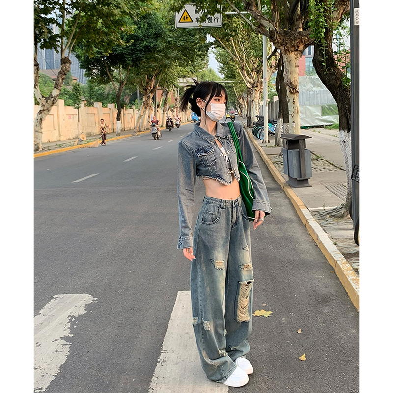 港風顯瘦甜酷辣妹套裝設計感短款牛仔外套女秋季闊腿褲兩件套