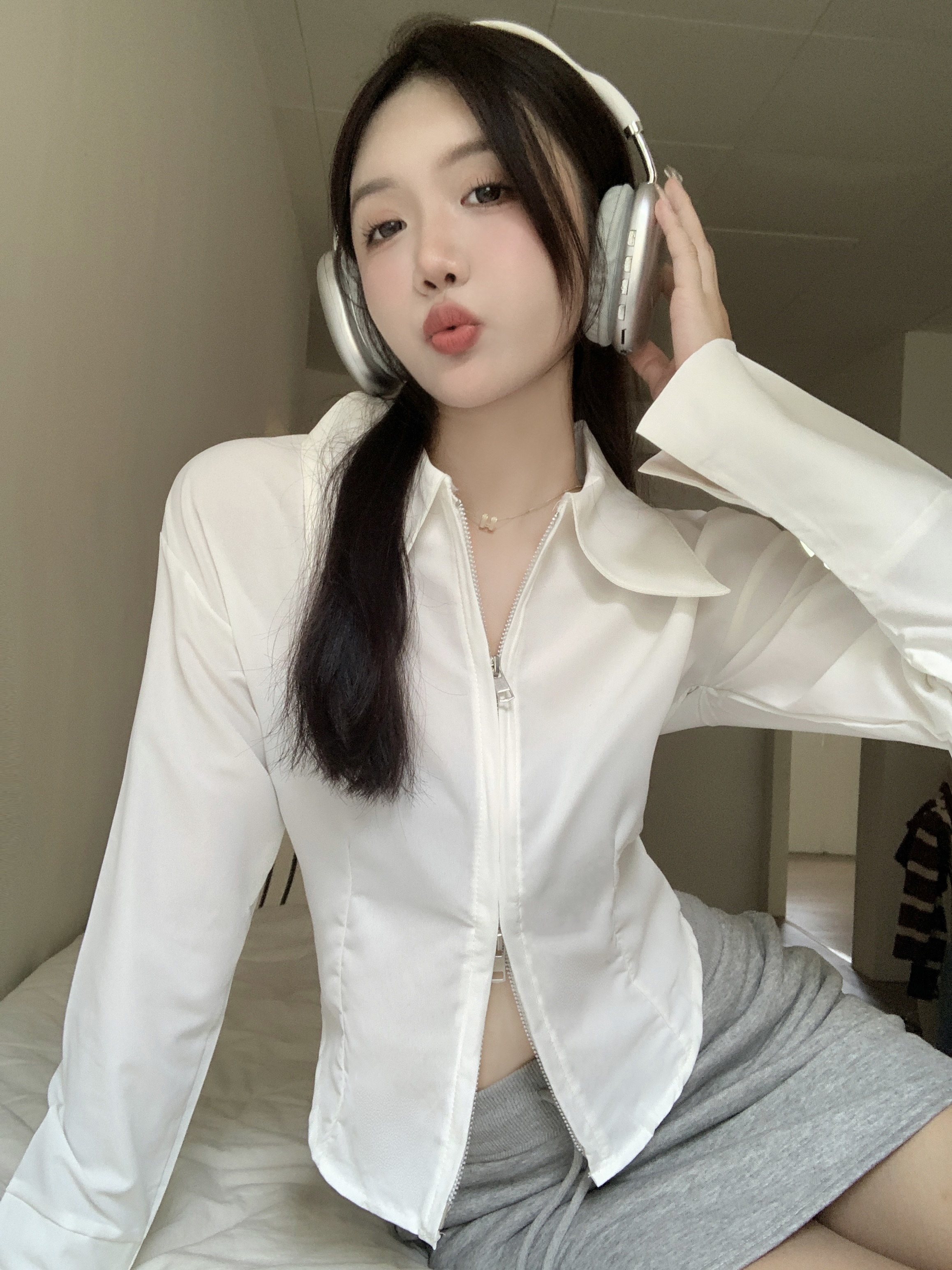 實拍 雙頭拉鏈襯衫女設計感獨特襯衣內搭別致漂亮短款上衣