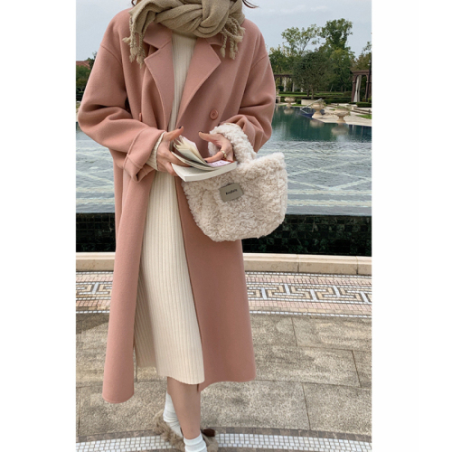 BingDaily韩国粉色双面呢子大衣女秋冬装小个子中长款羊毛呢外套