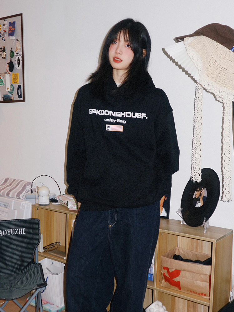 美式學院風連帽衛衣加絨女秋冬黑色帽衫重磅上衣寬鬆長袖情侶外套