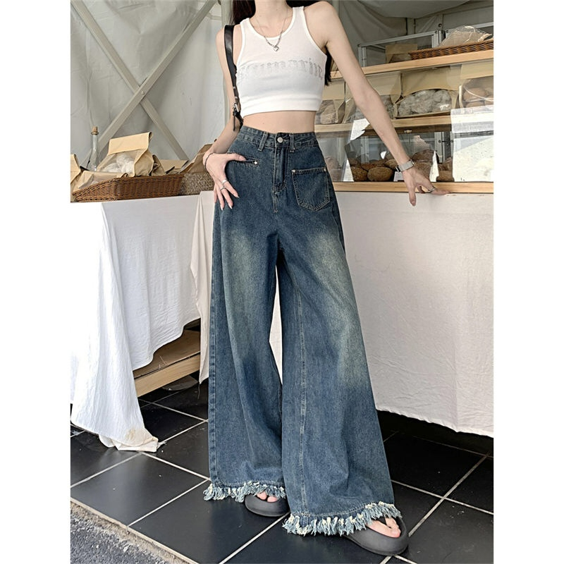 復古毛邊闊腿牛仔褲女秋季2023新款高腰寬鬆垂感拖地褲裙