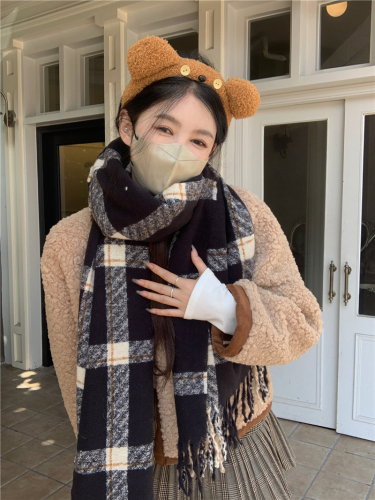实拍 新款格子围巾女冬季韩版复古高级感百搭保暖围脖女
