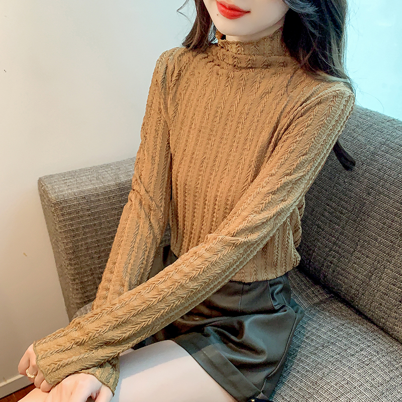 已出貨 2023秋季洋氣半高領蕾絲打底衫女氣質修身內搭長袖上衣