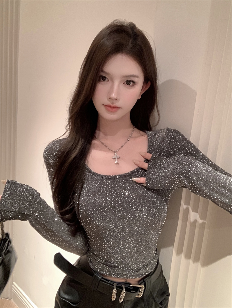 實拍～碎閃星河時尚燙鑽設計感長袖修身內搭T恤打底衫上衣女