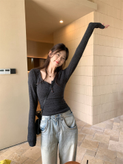 Photographed Dark Gray Square Collar Knit Top New Pure Desire Seductive Autumn/Winter Fitted Slimming Base Short Top