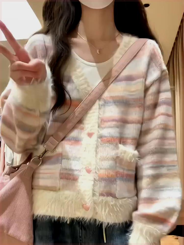 Xiaoxiangfeng rainbow striped sweater cardigan women's spring loose lazy style V-neck sweater jacket autumn and winter