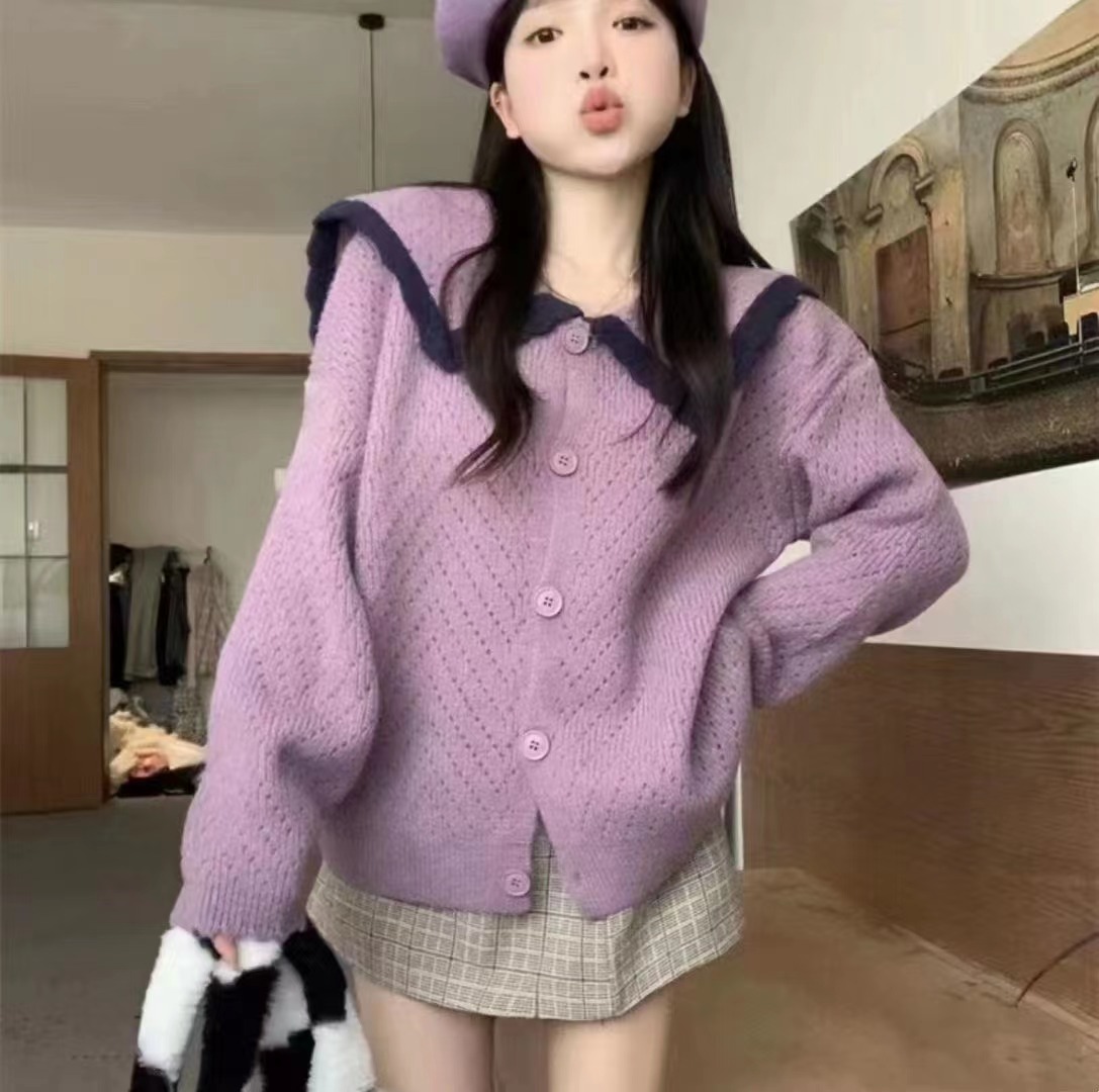 2023韓版氣質溫柔翻領針織衫女寬鬆顯瘦開衫毛衣秋季軟糯休閒上衣