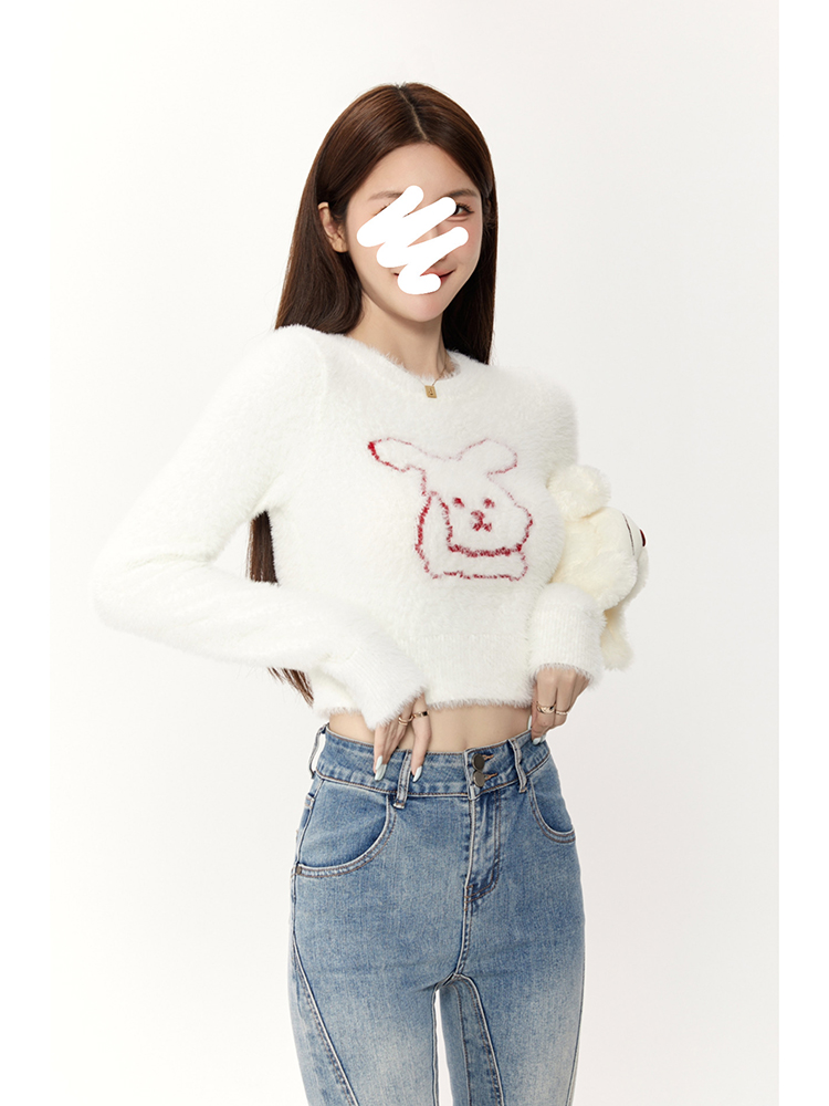 White Water Women's Imitation Mink Fur Embroidered Sweater Women's Winter Loose Outerwear Lazy Style Long Sleeve Round Neck Knitted Pullover Top