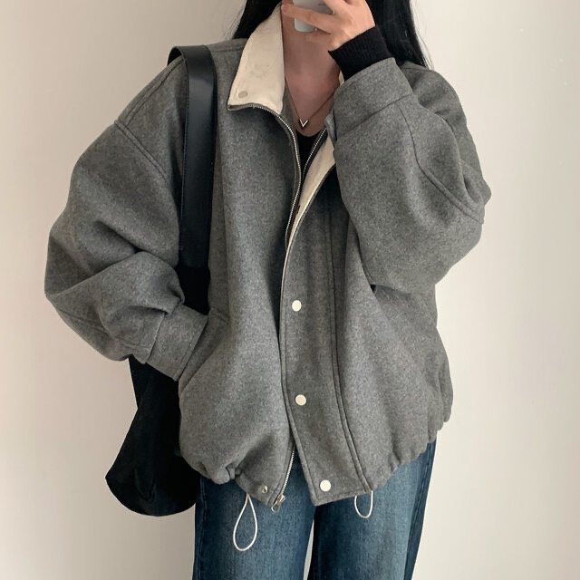 Korean chic winter new retro contrasting color lapel loose woolen coat women's casual jacket coat