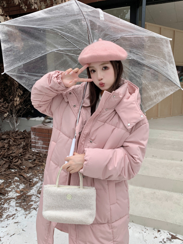 Real shot Korean style loose hooded pink winter cotton coat women's versatile thickened mid-length cotton top