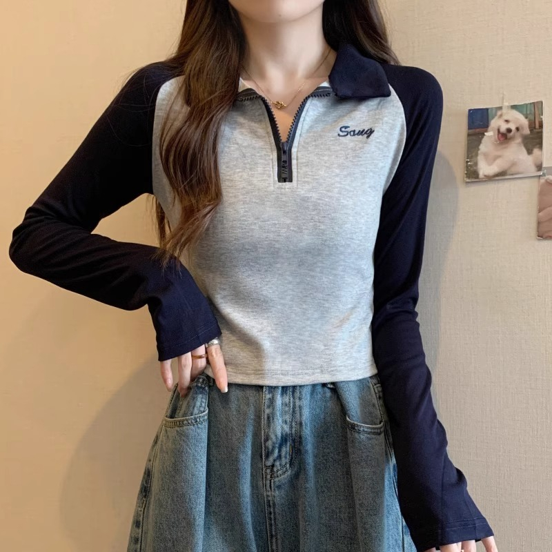 美式復古正肩長袖T恤女2023新款秋季打底衫短款顯瘦遮肉上衣