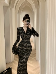 Real shot! Bell sleeve V-neck lace slimming long dress luxury slimming evening dress 