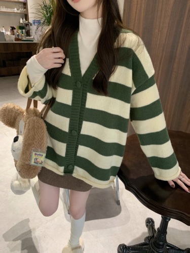 Actual shot~Korean autumn and winter loose striped soft and waxy versatile knitted sweater cardigan~