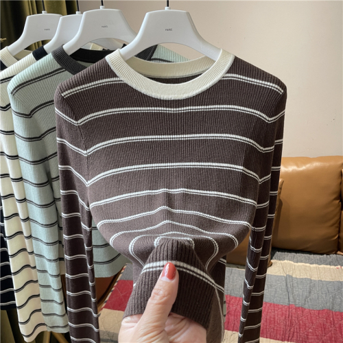 Contrast color wool sweater for women Korean style round neck pullover color block striped long sleeve slim fit bottoming shirt