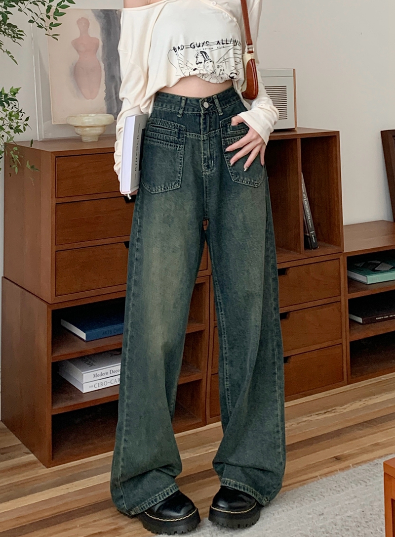 實拍#新款高腰直筒牛仔長褲女設計感假口袋拖地闊腳褲子