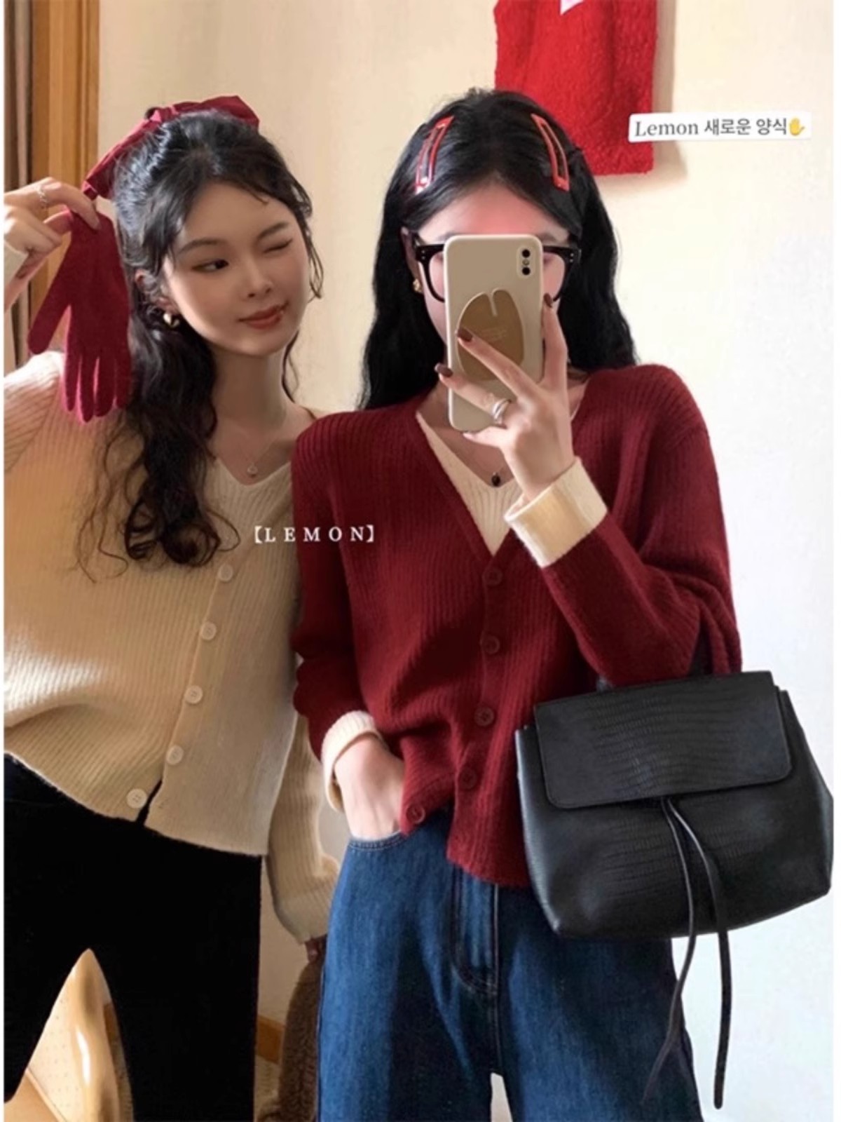 秋冬毛衣洋氣外穿短款假兩件紅色v領正肩打底針織開衫女短款外套