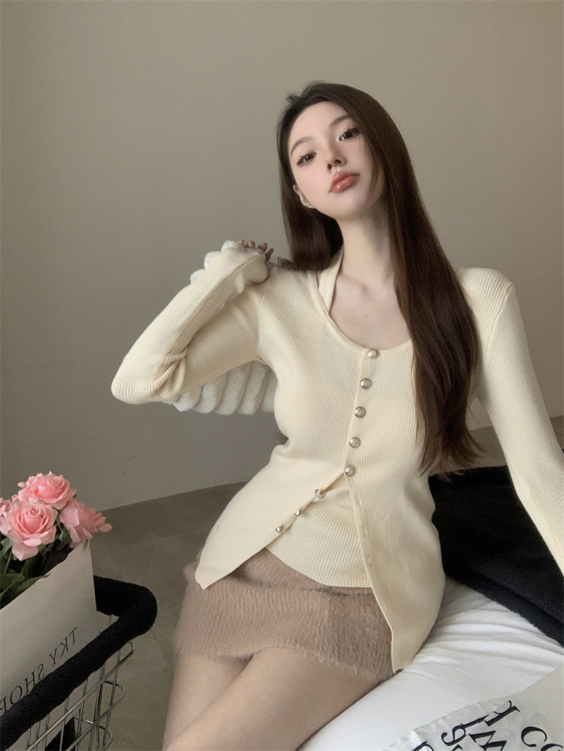 實拍 法式兩件套掛脖針織衫女開衫內搭打底衫修身長袖上衣