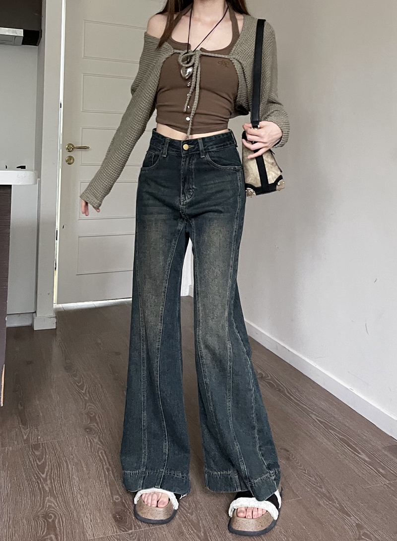 實拍#新款寬鬆牛仔長褲女設計感拼接直筒闊腿拖地褲子