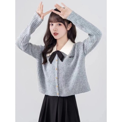 2023秋冬新款新款翻領蝴蝶結針織開衫女學院風小眾撞色短款毛衣