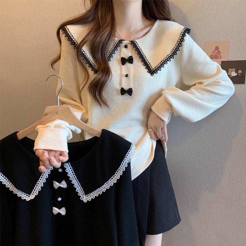 原版做工大碼法式娃娃領女秋季胖mm顯瘦寬鬆打底衫甜美減齡上衣