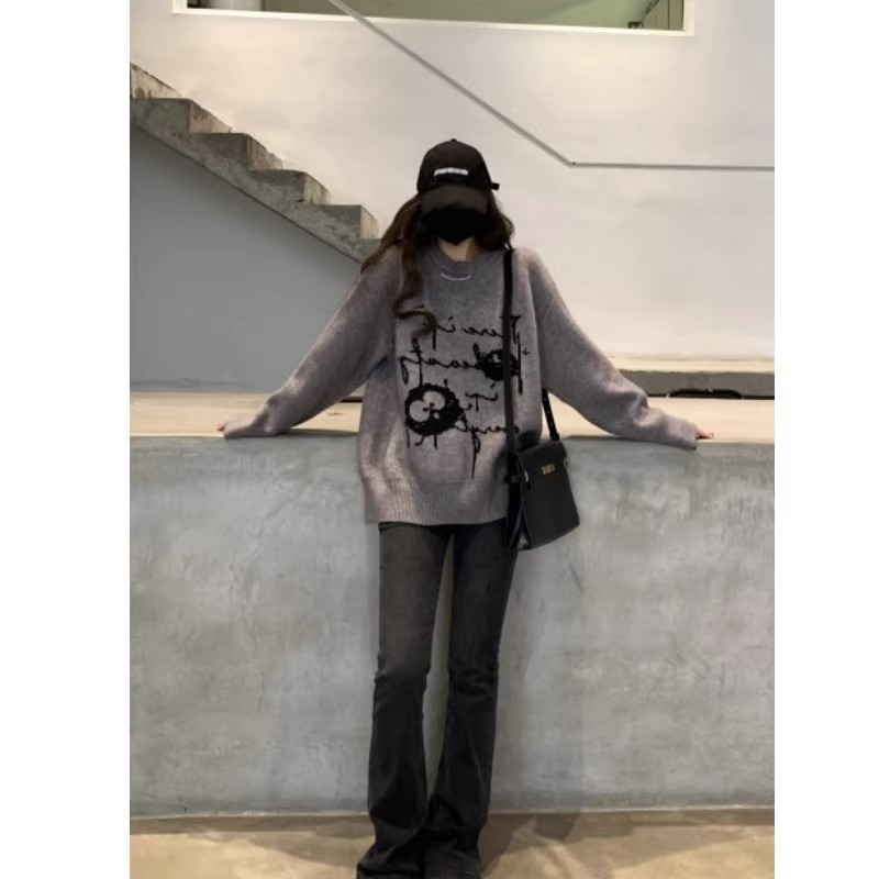 小君君布蘭妮 小煤球大人 ***塗鴉版套頭毛衣女秋冬新款針織上衣