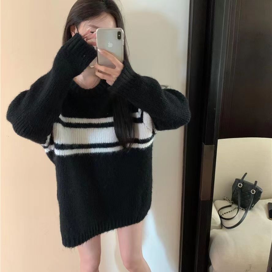 Lazy style contrast striped sweater for women 2023 autumn new loose long-sleeved knitted casual soft waxy versatile top