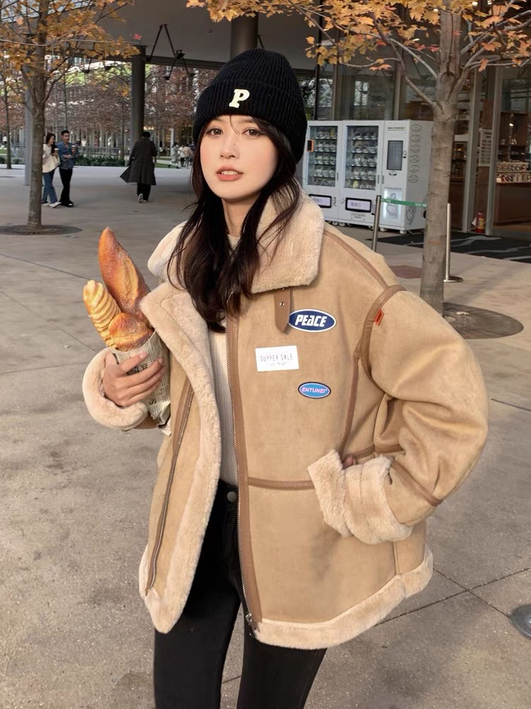 機車服羊羔絨外套女冬2023新款韓系加絨加厚網紅麂皮絨皮毛一體潮