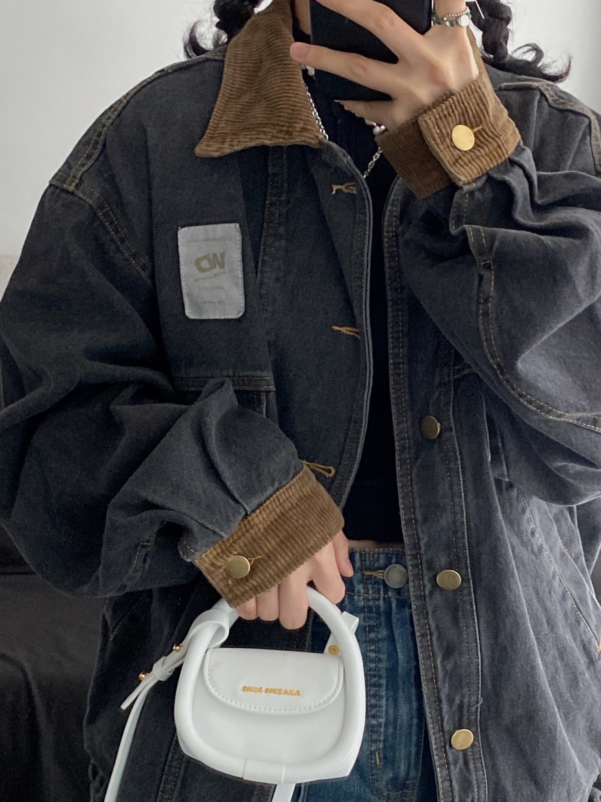 ORGEING 焦邁奇同款復古做舊水洗燈芯絨拼接oversize牛仔外套男女
