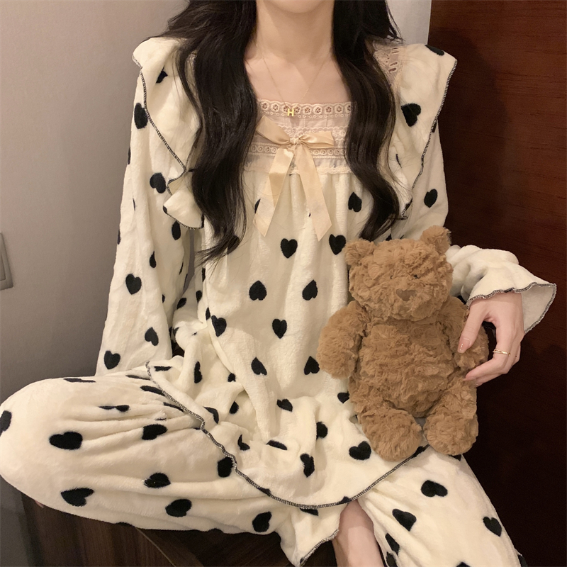 實拍 加厚珊瑚絨韓版慵懶風長袖睡衣兩件套休閒家居服套裝女