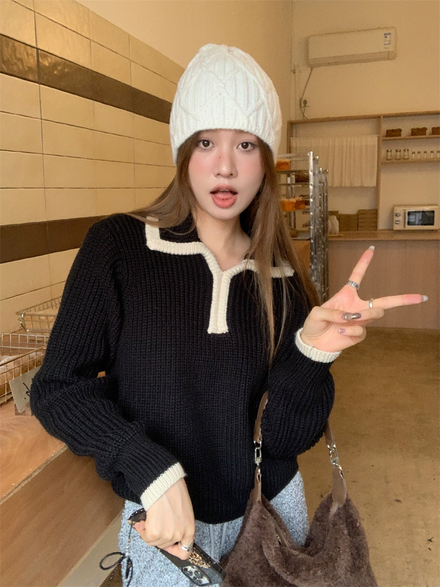 實拍！復古撞色翻領毛衣韓系休閒寬鬆套頭針織衫女