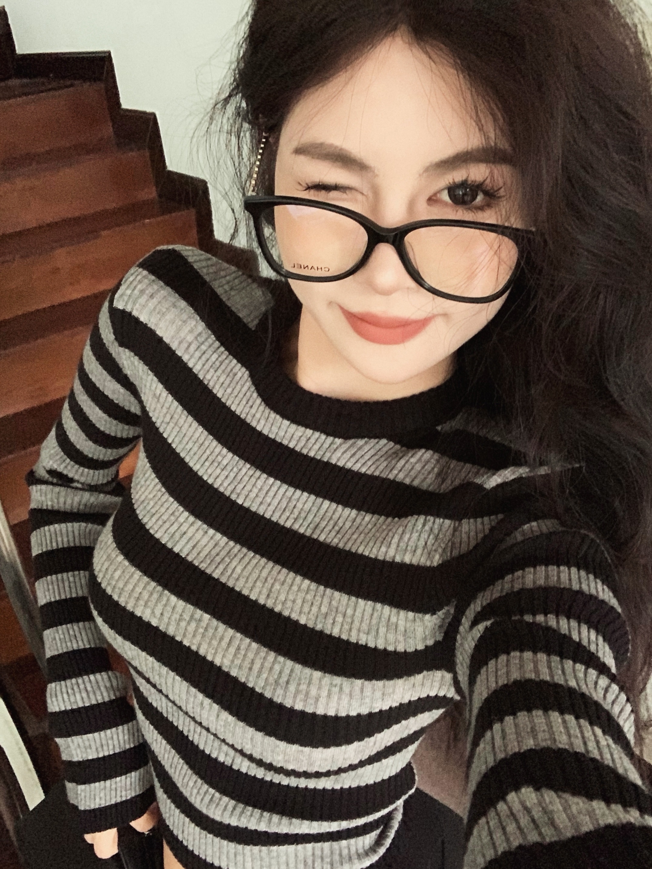 實拍  復古修身顯瘦條紋彈力百搭針織打底衫高腰休閒闊腿衛褲