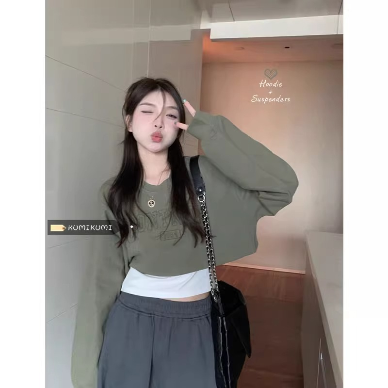 College loose new short fashion layered suit long-sleeved sweatshirt for women autumn inner camisole two-piece set