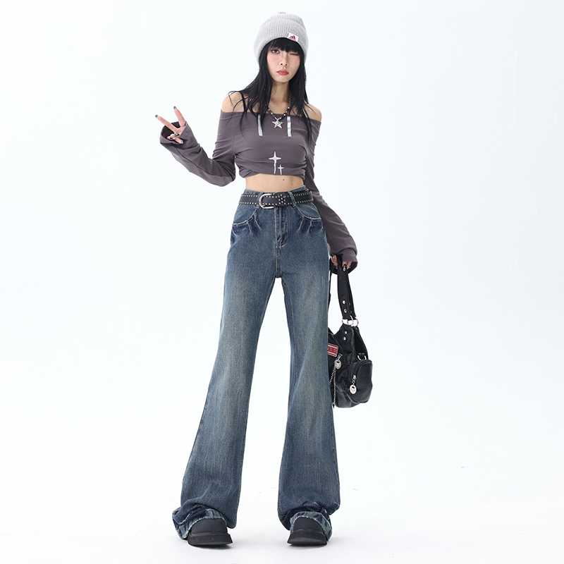 實拍2023秋季做舊手縫工藝洗水低腰微喇牛仔褲女
