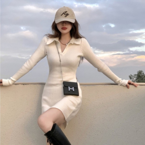2023 autumn and winter hot girl polo collar knitted dress women's bottoming waist tight slimming hip-hugging sweater skirt