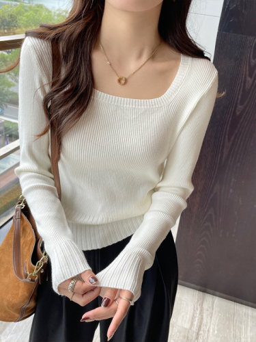 Knitted sweaters for women in spring, autumn and winter  new high-end slim square-neck bottoming shirts with early autumn long-sleeved tops