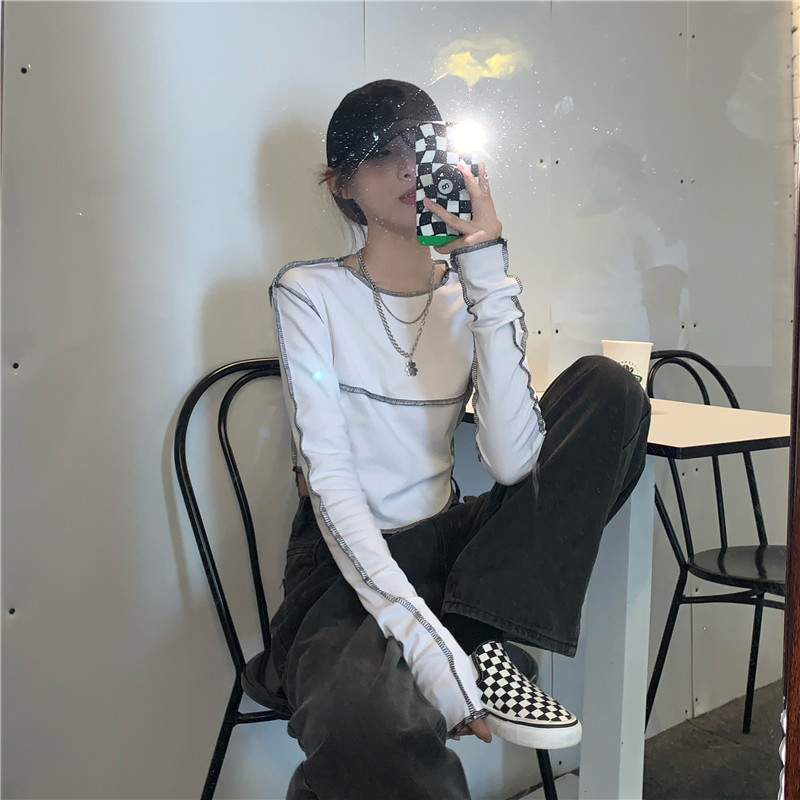 6535 stretch cotton long-sleeved T-shirt women's autumn slim-fit irregular bottoming shirt 2023 bottoming shirt