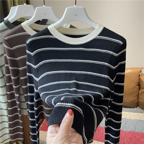 Contrast color wool sweater for women Korean style round neck pullover color block striped long sleeve slim fit bottoming shirt