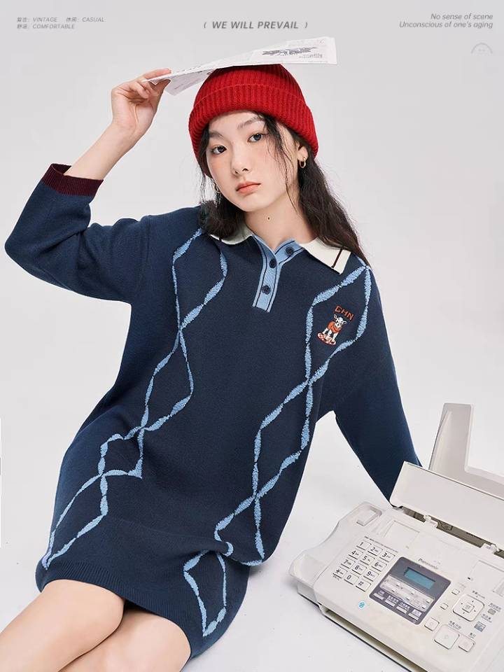 女裝Polo領針織連衣裙女新款秋季撞色復古遮跨中長裙