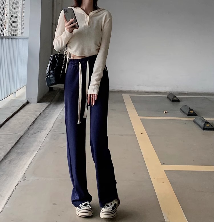 小矮個子慵懶冬休閒2023拖地褲褲顯高闊腿褲女裝寬鬆抽繩運動衛褲