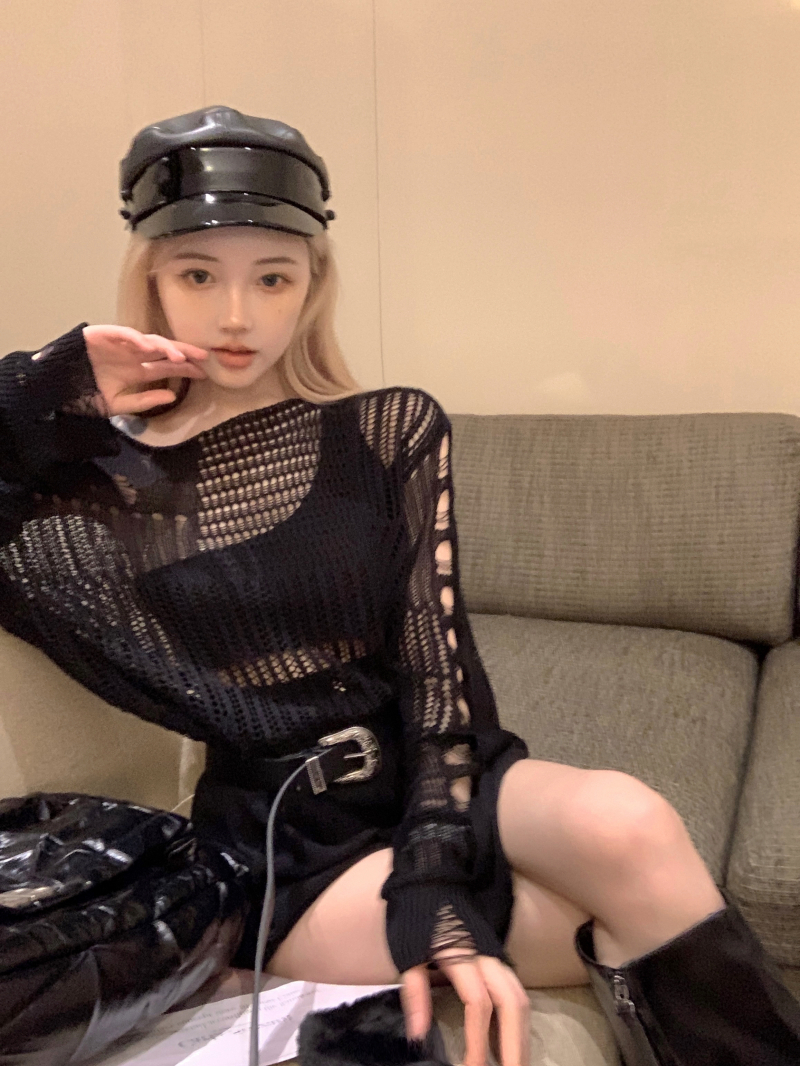 實拍 泰辣啦|辣妹上衣鏤空毛織寬鬆設計感長袖透視配腰帶女