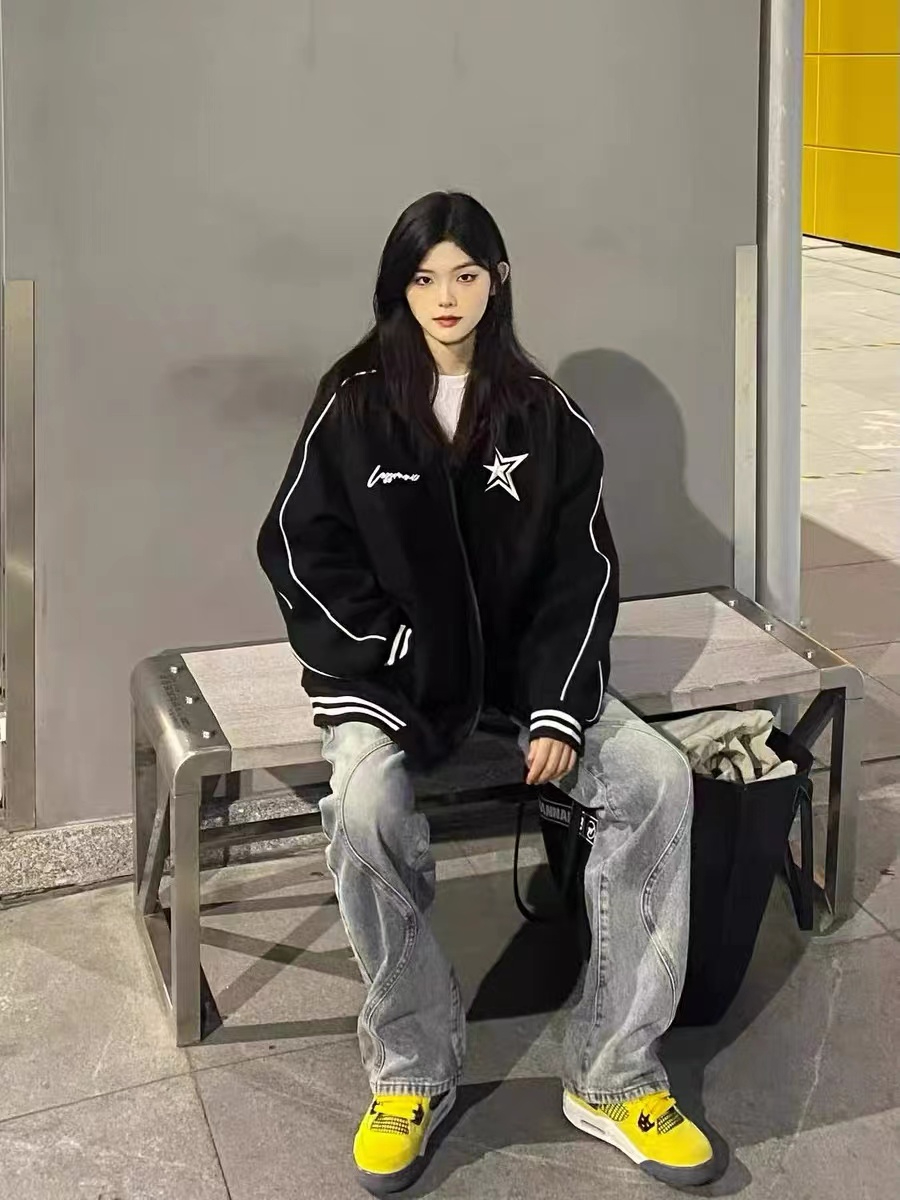 仿棉華棉複合銀狐絨美式復古印花棒球服慵懶風寬鬆上衣外套