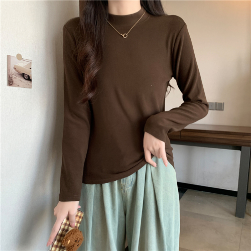 Real shot of quality autumn Korean style solid color half turtleneck slim slimming bottoming shirt long sleeve T-shirt for women