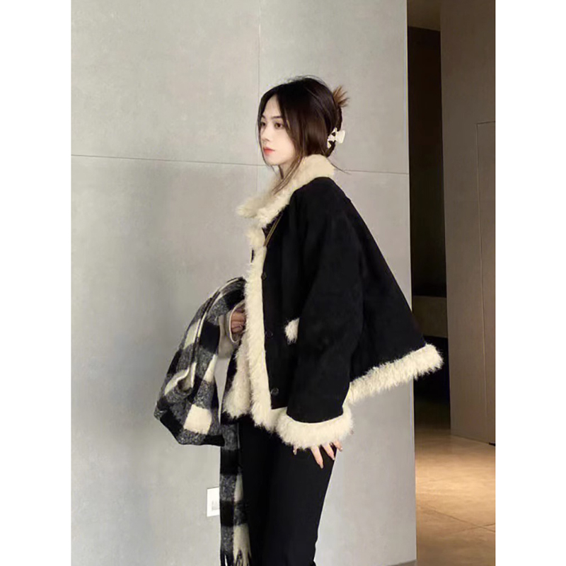 冬季高級感羊羔毛外套美式復古小個子設計感加絨加厚開衫