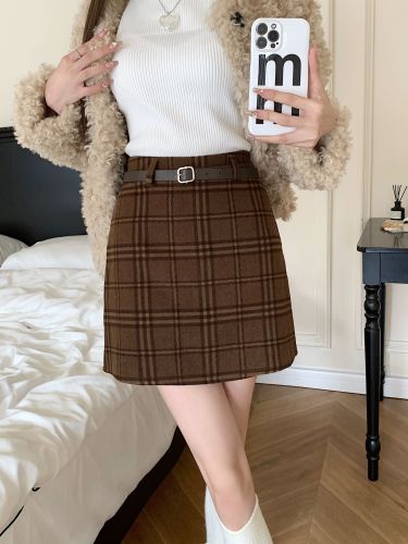 Real shot~Autumn and winter new retro plaid versatile slimming woolen skirt A-line skirt short skirt