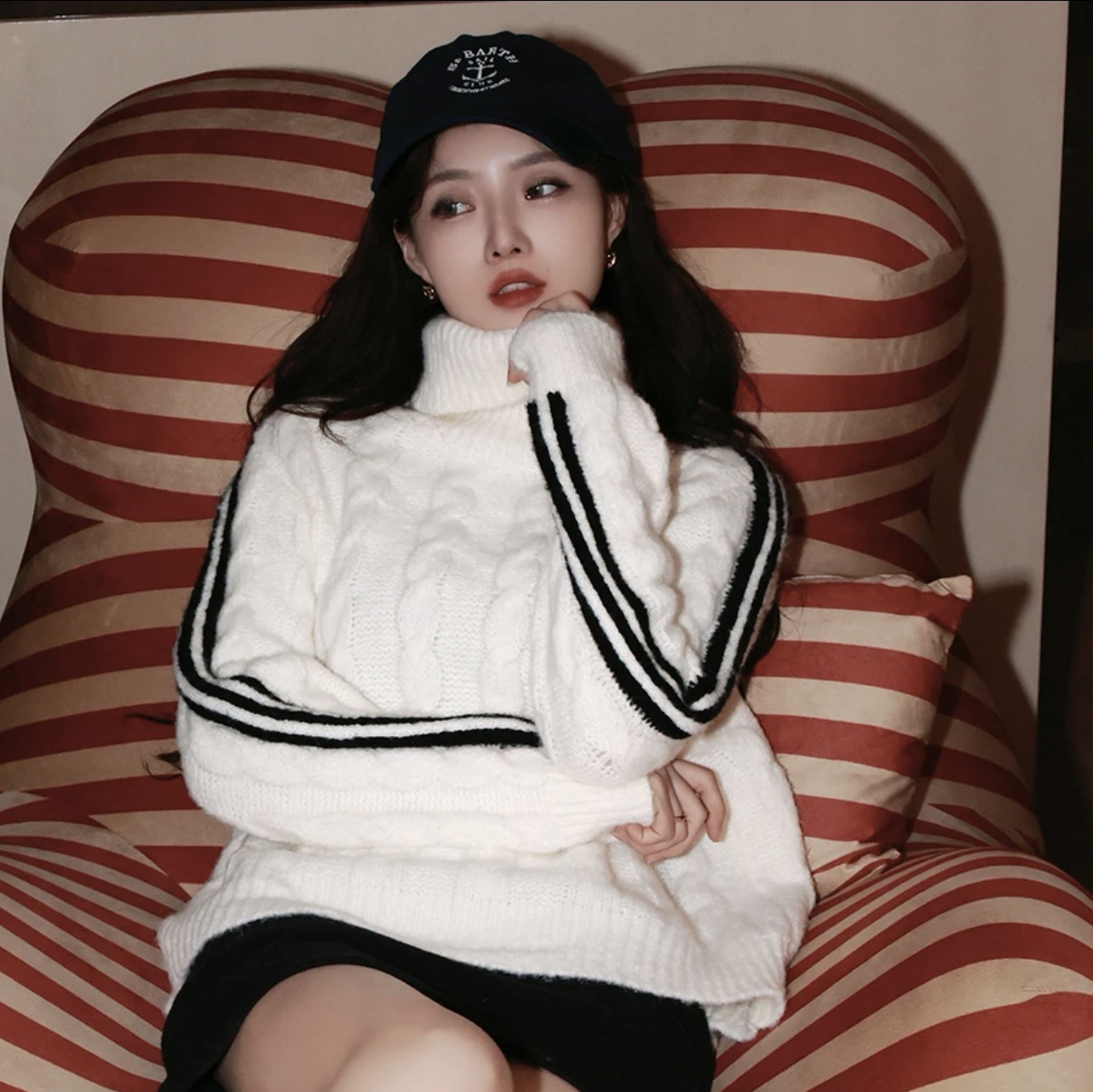 氣質高領條紋麻花毛衣女秋冬韓版慵懶軟糯套頭針織衫百搭顯瘦上衣