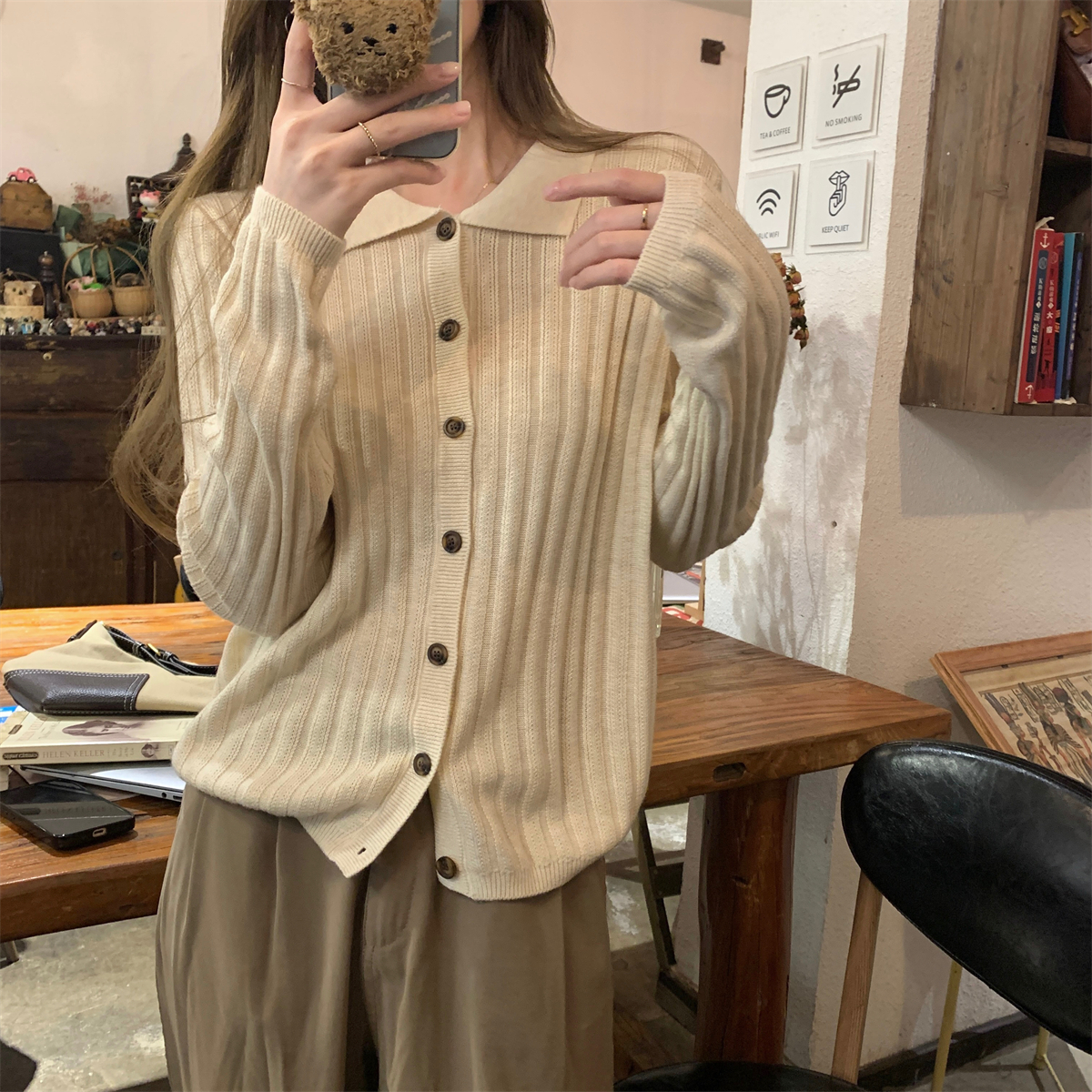 Real shot of autumn and winter Korean style lapel chic single-breasted cardigan loose knitted inner sweater women's jacket